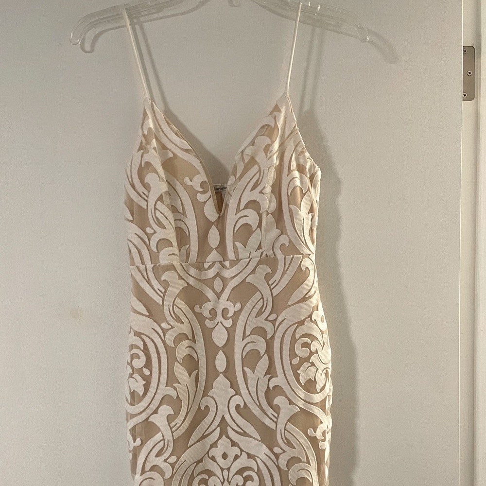 Low Cut Tan and White Dress